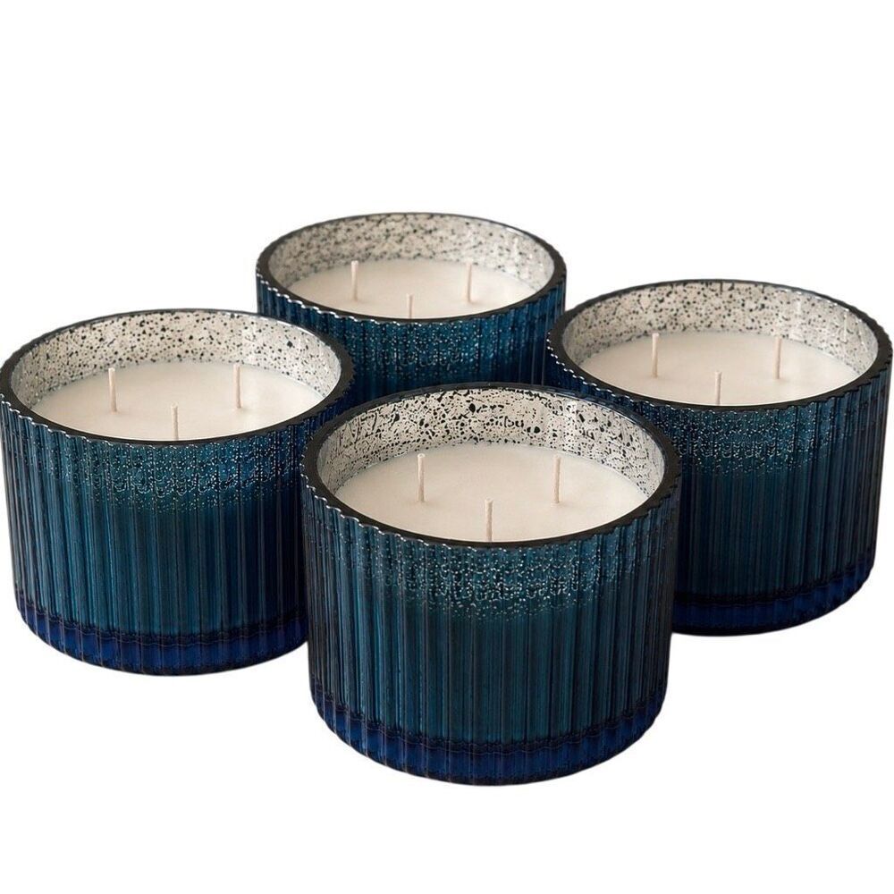 4 Malibu Lagoon Scented Candles 12 oz Triple Wick Blue Mercury Glass